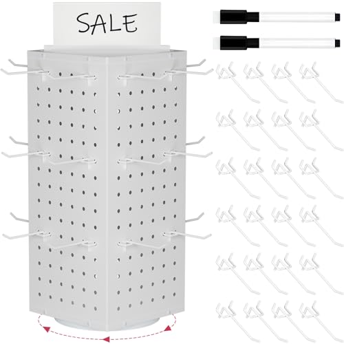 SIBRANT Rotating Pegboard Display Stand With 24 Hooks ,Spinning Peg Board Displays,Tabletop Metal Pegboard Shelf for Craft Shows & Fairs, Retail Stores, Vendors Arts and Crafts (White)