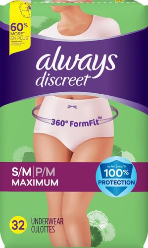 Image of Always Discreet Adult Diapers for Women, Incontinence Underwear, Postpartum Essentials, Disposable Briefs, Max Absorbency, Bladder Leak Protection, Small /Medium, 32ct (Pack of 2)