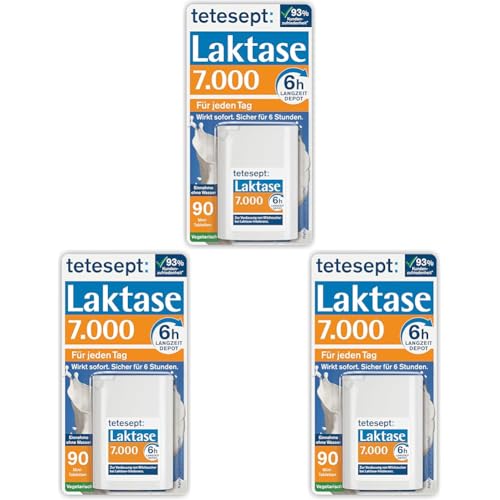 tetesept Laktase 7.000 – Laktasetabletten bei Laktoseunverträglichkeit – Nahrungsergänzungsmittel mit Sofortwirkung & 6h Langzeit-Depot – 1 Dose à 90 Stück (Packung mit 3)