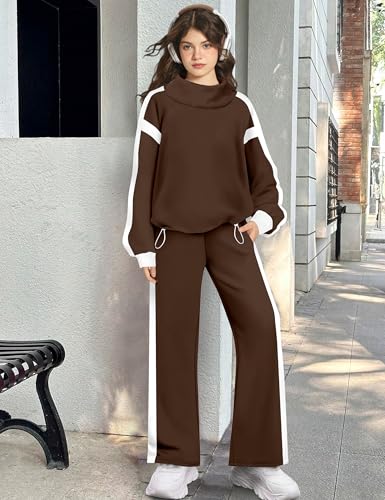 Image of AGAPENG Girls Clothes 2 Piece Outfits Turtleneck Sweatsuit Fleece Colorblock Sweatshirt Wide Leg Sweatpants Fall Winter Sets