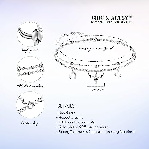 Image of CHIC & ARTSY Women Anklets S925 Sterling Silver Cute Animal Layered Anklet Bracelet Adjustable Multilayer Beach Anklet Bracelet Summer Foot Jewelry Cable Chain 10-11 Inches