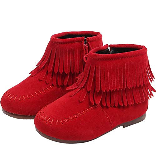 Kids Toddler Baby Girls Boys Snow Boots Warm Moccasins Ankle Booties Winter Tassel Martin Boots Solid Zip Shoes (Red,Age:5.5-6T / US:10)