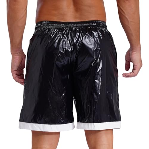 Mens PVC Wet Look Board Shorts Drawstring Elastic Waist Swim Trunks with Pockets Beach Shorts4