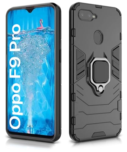 Image of WOW IMAGINE Shock Proof Back Case Mobile Cover for Realme U1 | Oppo F9 Pro (Armor | Hybrid PC + TPU | Full Protection with Ring Holder Kickstand | Carbon Black)