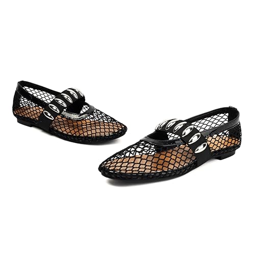 Arqa Women's Mesh Ballet Flats Metal Dome Strap Mary Jane Flats Fishnet Comfy Casual Office Flat Daily Dress Ballerina Shoes2