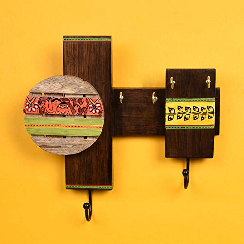 Image of AAKRITI ART CREATIONS Key Holder, Handcrafted Madhubani Art Key Hanger | Rustic Wood Wall Organizer with 4 Hooks | New Home Gifts | Multifunctional Entryway Decor Item