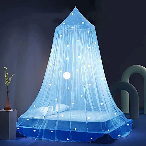 Eimilaly Dosel de Cama Con Estrellas Que Brillan en la Oscuridad, Mosquitera Princesa para Niñas, Decoración de Habitación, Azul