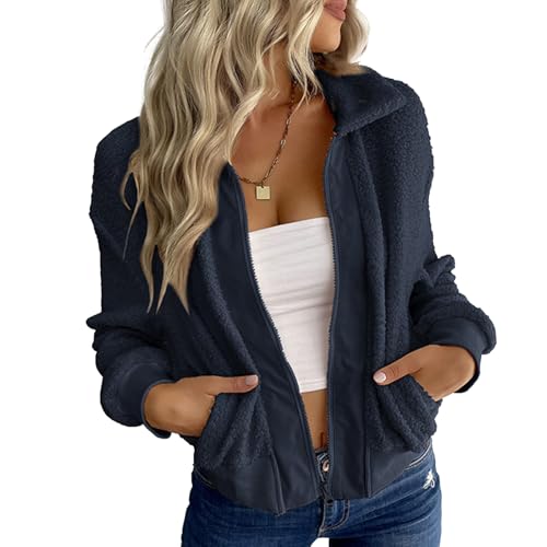 Womens Fuzzy Fleece Jackets Long Sleeve Lapel Zipper Coats Warm Winter Casual Trendy Top Outfits with Pockets