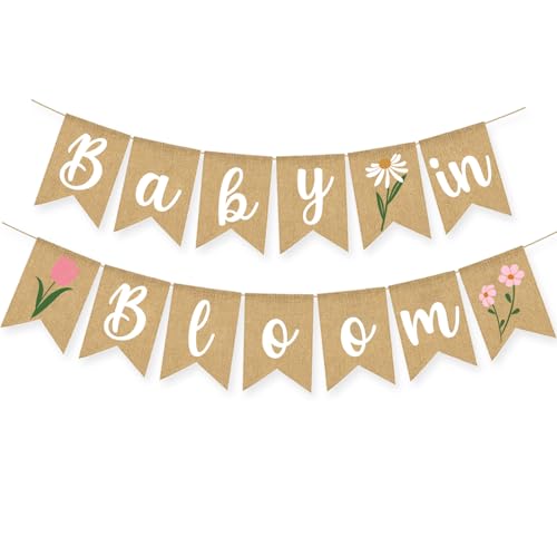 Bannière Baby in Bloom en toile de jute premium et ornements floraux roses de réception