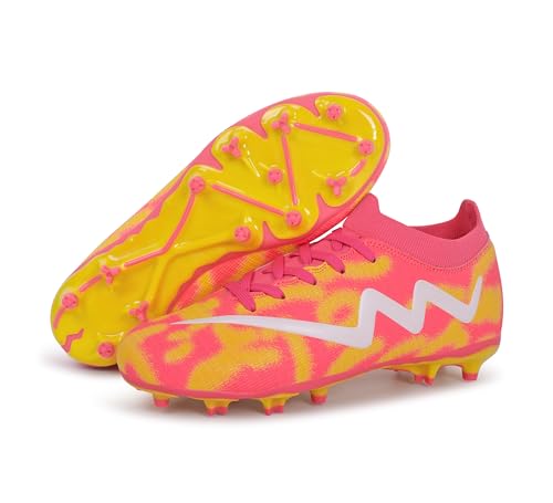 FEETHING Womens Cleats Soccer Cleats for Girls Youth Firm Ground FG Outdoor Football Shoes Lightweight Comfortable Rugby Boots,Fuchsia/Yellow,8.5