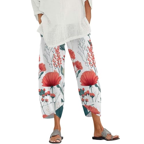 Womens Cotton Linen Wide Leg Pants Botanical Print Loose Fit Cropped Summer Lounge Trousers with Elastic Waist