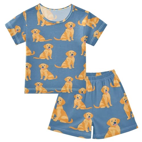 ALAZA Yellow Dog Puppy Blue Pajamas Set Short Sleeve Cotton Sleepwear Summer Pjs 2 Piece 5-14Y