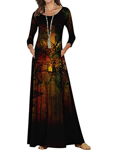 shownicer Damen Herbst Winter Freizeit Langarm Maxi Boho Print Kleid Loose Lässige Langkleider Freizeitkleid Rundhals Tunika Kleid Stil 07 L