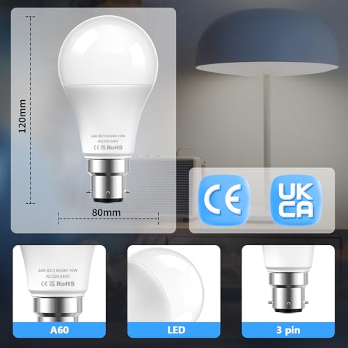 BC3 3 Pin Light Bulbs,4 Pack 10W Energy Saving LED Light Bulb,75W Equivalent,15,000hrs Lifetime,Non Dimmable,6500k Cool White A60 LED Bulbs for Ceiling,Landing Light,Hallway