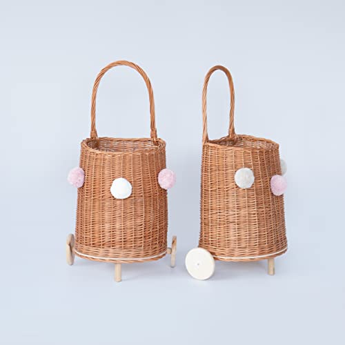 PLATAN ROOM Chariot à jouets avec pompon et roues en bois - Panier à provisions en osier - Panier à provisions avec Henckel sur roulettes Cover