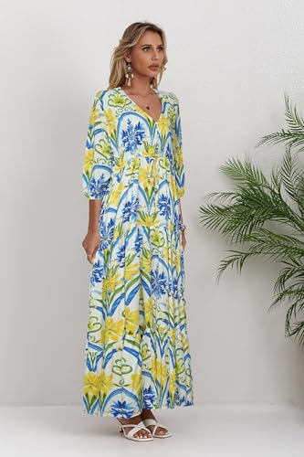 Image of Women Short Sleeve V Neck Floral Print Casual Bohemian Maxi Dresses