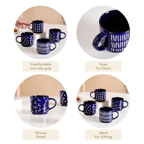 Image of Nestasia Stackable Ceramic Cups Set of 4 (220 ml) | Microwave & Dishwasher Safe Tea & Coffee Mugs with Glossy Finish | Ideal for Gifting (Blue)