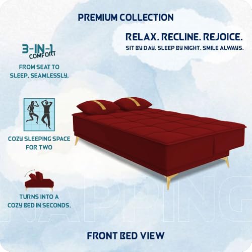 Image of Adorn India Premium New Alyssum 3 Seater Sofa Cum Bed 4X6 Velvet Suede with 2 Cushions (Color Red) and Suitable for All Indoor, with 3 Years Warranty
