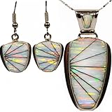 WHITE FIRE OPAL earrings and necklace set. 1-3/4' Pendant. 1-1/4' total drop earrings. 18' sterling chain. FREE SHIPPING. Sold only at art shows and online. Item 606L