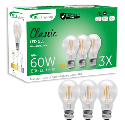 BELL Lighting E27 Edison Screw Cap Filament Dimmable Light Bulb LED GLS 3 Pack | Warm White 2700K | 810 Lumen 7W | Energy Saving GLS Light Bulb | 60W Lamp Equivalent