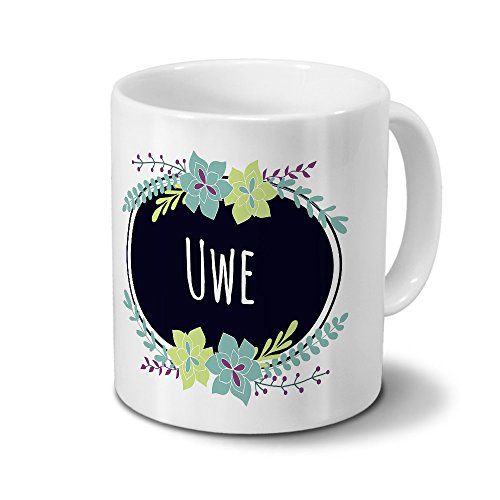 printplanet Tasse mit Namen Uwe - Motiv Flowers - Namenstasse, Kaffeebecher, Mug, Becher, Kaffeetasse - Farbe Weiß