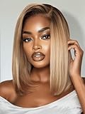 UNICE Ombre Blonde Bye Bye Knots Glueless 7x5 HD Lace Front Wigs Human Hair Pre Plucked Pre Cut Bleached Knots Brown Roots Side Part Blunt Bob Wig Human Hair 150% Density 12 inch