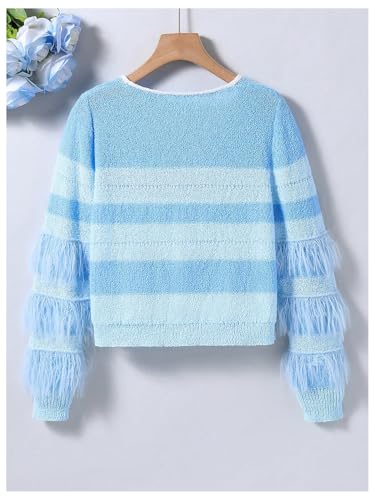 MakeMeChic Girl's Striped V Neck Button Down Cardigan Sweater Faux Fur Long Sleeve Sweaters2