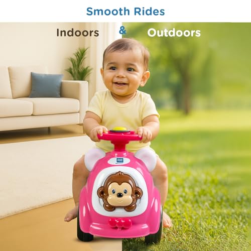 Image of Mee Mee Safari Cruze Ride on for Kids with Light Button,Music & Horn Steering, Push Car for Baby with Backrest, Safety Guard, Under Seat Storage & Big Wheels, for Kids 1-3 Yrs Upto 25 Kgs (Pink)