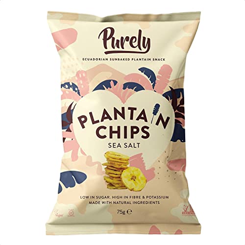 Purely Plantain Chips - Low Fat Plantain Crisps - Gluten Free Snacks - Healthy Alternative Snack Multipack - Vegan, Nutritious & All Natural - Sea Salt - 75g x 3 Pack