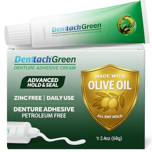 Denttach Green Denture Adhesive Petroleum Free Olive Oil Based Denture Cream for Full and Partial Dentures All Day Secure Hold Premium Denture Glue Zinc Free 2.4 Ounce