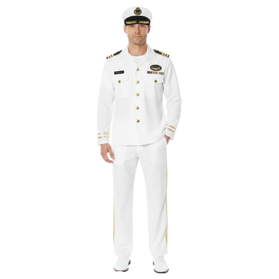 Adults Sailor Costume - Large - White Button-Up Top with Epaulettes and Gold Details, Matching Trousers, White Captain's Hat - Mens Sea Captain Fancy Dress Costume
