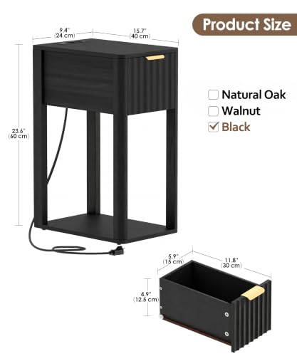 Image of Akxomel Narrow Nightstand Set 2 with Charging Station Fluted Table Black