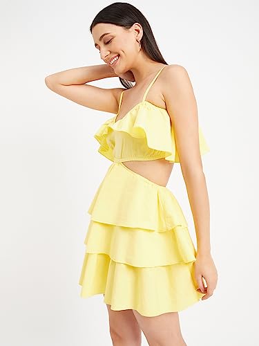 Image of DRAPE AND DAZZLE Yellow Stylish Cut Out Frill Dress | Designer Dress for Women