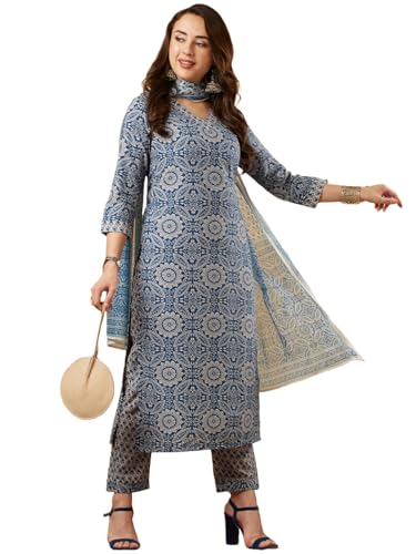 Kurta en coton pour femme avec pantalon et Dupatta bleu pour vos fêtes