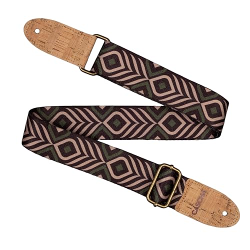 CASCHA Sangle de guitare végétalienne avec extrémités en liège - Design géométrique vert et beige - En polyester