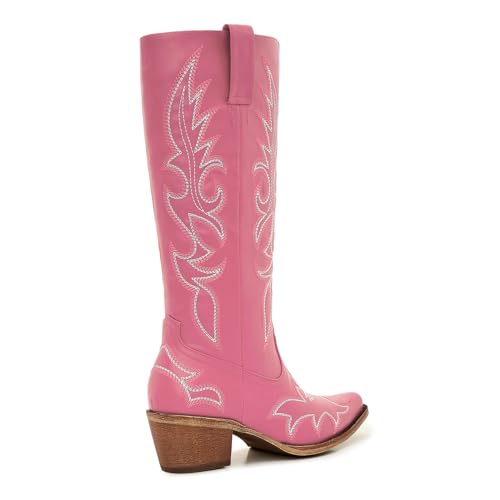 Image of Uillnoodu Women's Turquoise Cowgirl Boots - Wide Calf Mid Calf Western Boots Plus Size Embroidered Cowboy Style with Block Heel