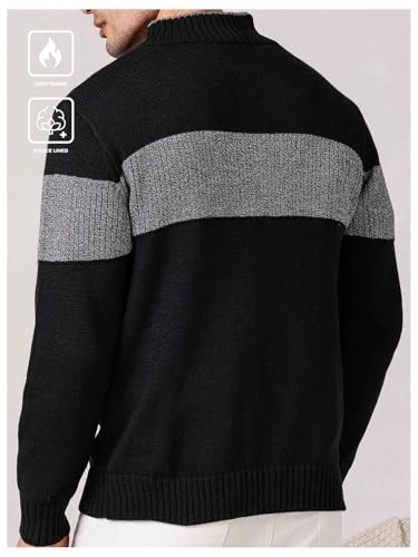 SHENHE Men's Cardigan Full Zip Up Color Block Mock Neck Sweater Thick Soft Cardigan3