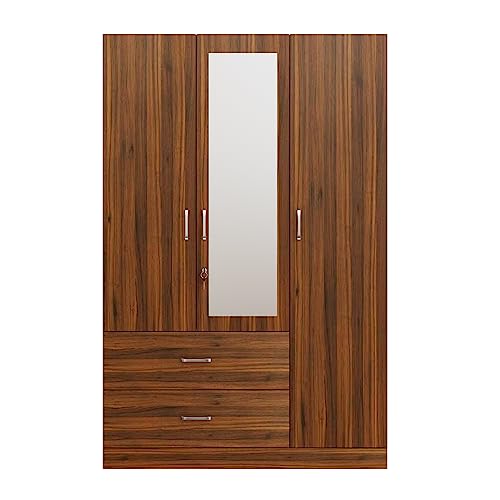 Image of VIKI Wardrobe | Wooden Almirah for Clothes,Door for Bedroom, 3 Door Wardrobe with Drawer, Mirror & Hanging Space (Brussel Walnut - 40D x 120W x 180H) | 1 Year Warranty | Free Assembly