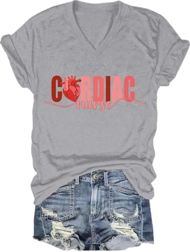 UJJVHY Cardiac Nurse T-Shirt, Retro Cardiac Nurse V Neck Tshirt for Women