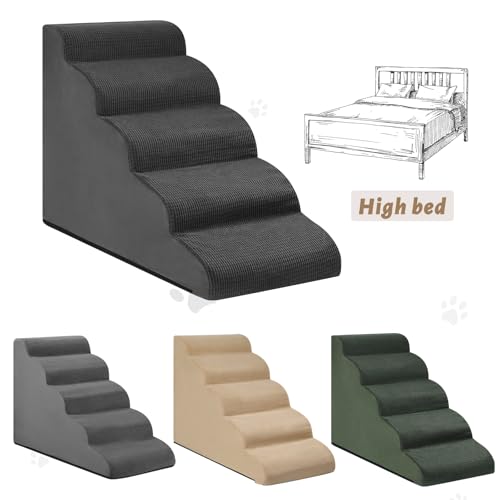 Image of Aodisman Dog Stairs for High Bed,5-Step Pet Ramp for Small Dogs and Cats | 22.2 inch H Dog Steps for Bed with High-Density Foam, Help Olders,Short-Legged Dogs,Puppy and Cats Get on Beds Easily,Grey,Black