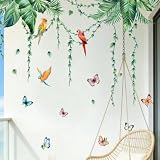 Adesivo da parete, motivo tropicale con foglie di banana e pappagallo, in PVC, autoadesivo per soggiorno, camera da letto, cucina, decorazione artistica con piante verdi, 2 fogli 30 x 90 cm