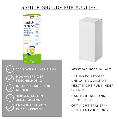 SUNLIFE Fenchelhonig AH 350 g - Sirup gegen Erkältung & Husten - Wirkstoff bitteres Fenchelöl - Hustenlöser für Kinder ab 1 Jahr - Fenchelhonig flüssig