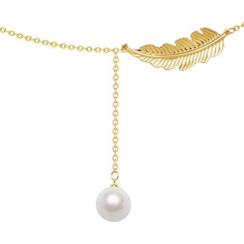 BURLAP LIFE 14K Gold Plated 925 Sterling Silver Dainty Pearl Pendant Y Necklace for Women with Feather Charm Freshwater Cultured White Pearl Drop Necklace Jewelry Day Gifts for Her Feather Gold Cover