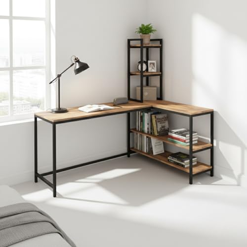Image of Amazon Brand - Solimo L Shaped Study Table for Students and Adults /Computer Table for Home-Office /Gaming Table /Computer Desk for Corner - Wood & Metal (English-Forest Dark & Black, DIY Installation)