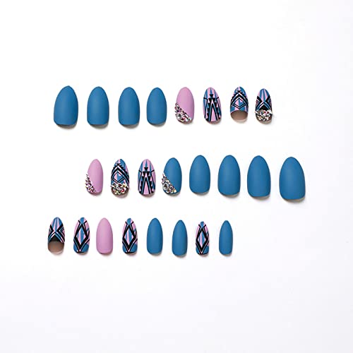 24 Pcs Almond Press On Nails Medium Length Fake Nails Ballet French Tip Design Pink Blue Geometric Pattern Rhinestone Glue On Nails Artificial Acrylic False Nails For Women And Girls #TOP2
