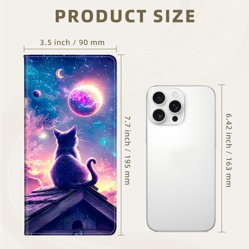 RFID Blocking Leather Wallet for Women and Men, Cute Cat Watching Moon Compact Bifold Credit Card Holder with RFID Protection, Small Ladies Slim Minimalist Wallet3