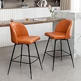 Canxkun Leather Bar Stools Set of 2, 27 inch Modern Counter Height Bar Stools with Woven Back, 360° Swivel Bar Stools for Kitchen Island, Cafe, Bar Counter (Orange)
