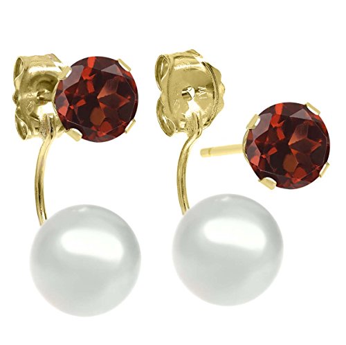 Gem Stone King 14K Yellow Gold Jacket Earrings with 5MM Red Garnet and 6MM Cultured Freshwater Pearl for Women | 1.10 Cttw2