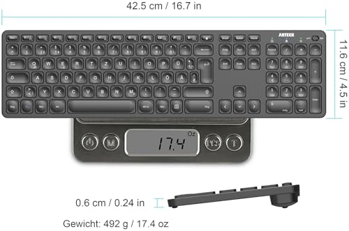 Arteck Kabellose Tastatur, Deutsches QWERTZ Layout wiederaufladbare USB Anschluss 2,4 GHz Kabellos Tastatur mit Multimedia-Tasten, Kompatibel mit PC, Computer, Notebook, Laptop, Windows 11, 10, 8 6