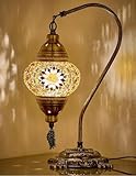 DEMMEX Lámpara turca auténtica, fabricada en Turquía, lámpara de mesa de noche con mosaico turco marroquí, 100% hecha a mano, cuerpo de metal de color latón antiguo y base de metal decorada.